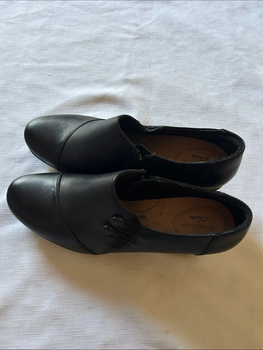 Clarks Black Leather Slip-On Loafers with Side Button Detail